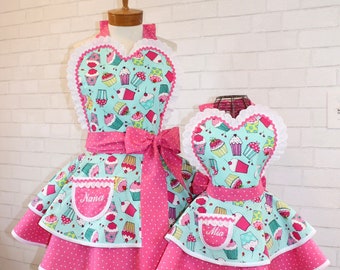 Cupcakes And Polka Dots Matching Mommy And Me Apron Set, Featuring Sweetheart Bibs + Embroidered Pockets...Custom Order Your Size