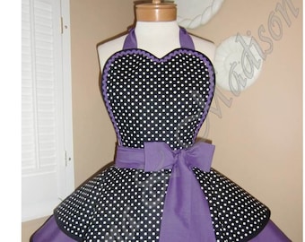 Polka Dot Print Woman's Retro Apron Accented With Purple, Featuring Heart Shaped Bib