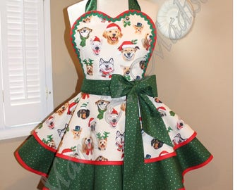 Christmas Puppy Print Woman's Retro Apron Featuring Heart Shaped Bib