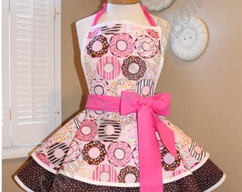 Pink Donut Print Woman's Retro Apron With Tiered Skirt And Bib...Plus Size Available