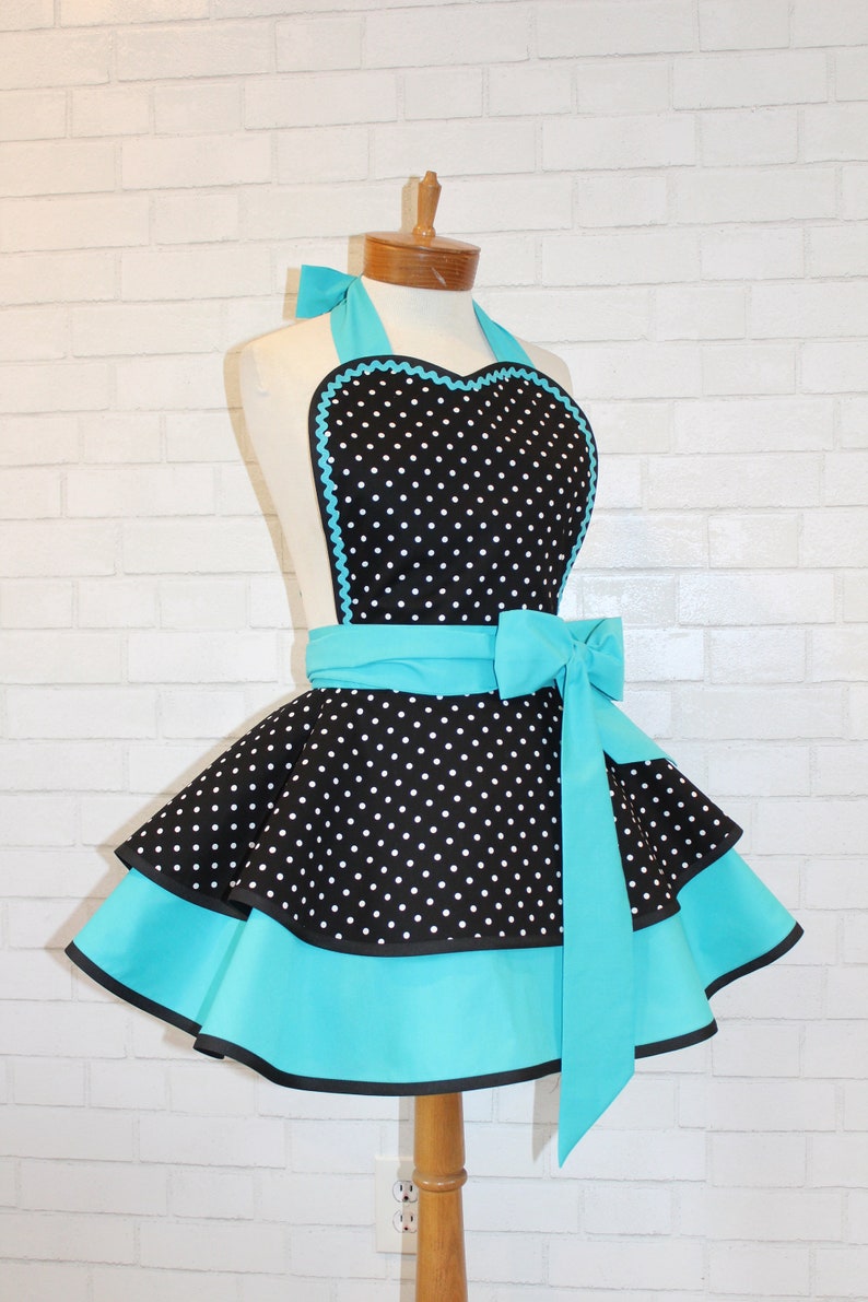 Pin Up Polka Dot Print Woman's Modern Vintage Apron Featuring Heart Shaped Bib, Now Available In Petite And Plus Sizes image 2