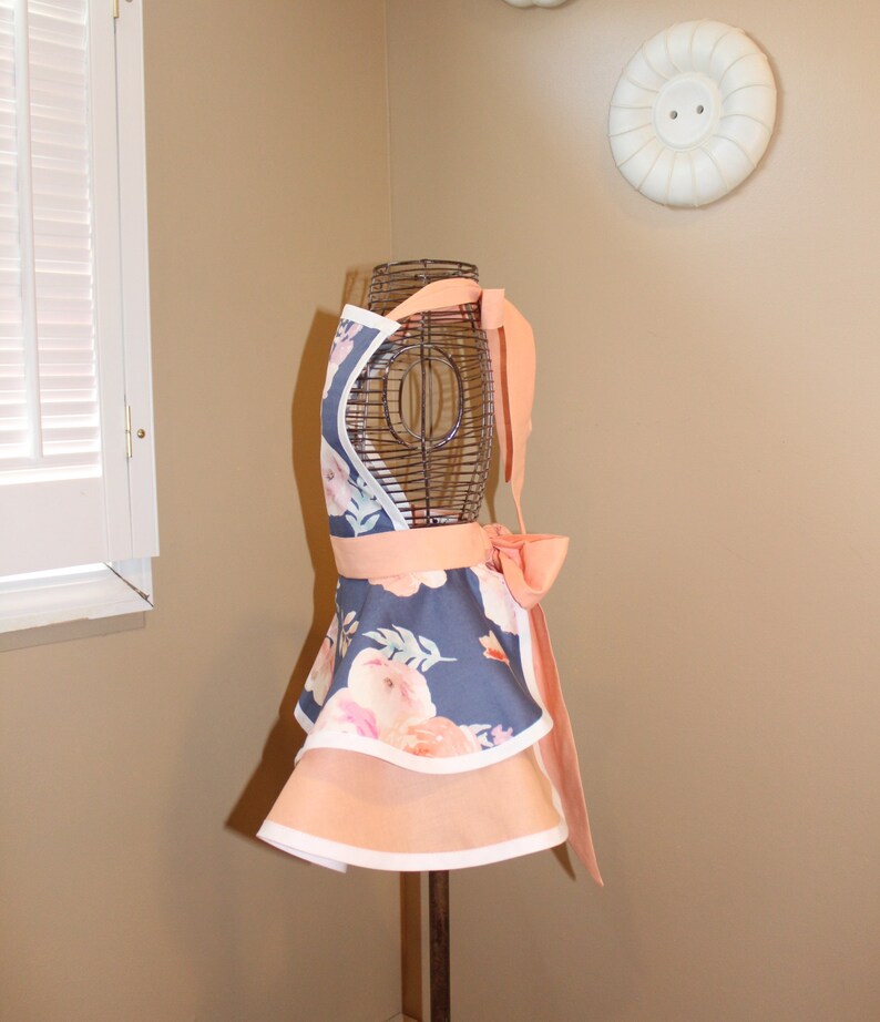 Mommy Me Matching Retro Apron Set in Beautiful Steel Grey Blue Floral Accented Pretty Peach...Custom Order Your Sizes
