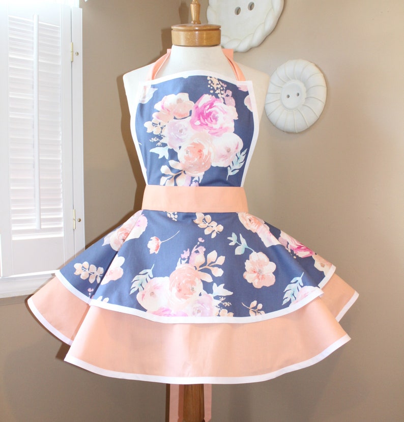 Mommy Me Matching Retro Apron Set in Beautiful Steel Grey Blue Floral Accented Pretty Peach...Custom Order Your Sizes