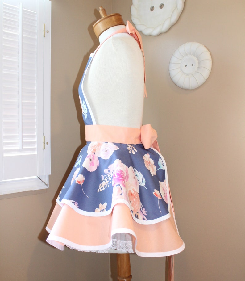 Mommy Me Matching Retro Apron Set in Beautiful Steel Grey Blue Floral Accented Pretty Peach...Custom Order Your Sizes