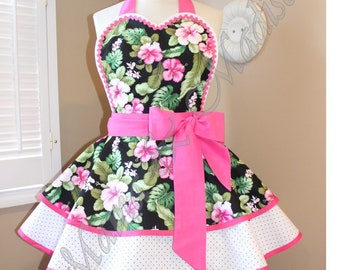 Tropical Floral Print Woman's Retro Apron By MamaMadison Accented With Hot Pink Featuring Heart Shaped Bib...Ready To Ship