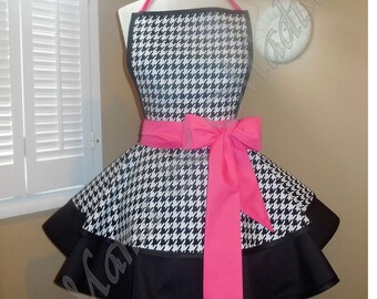 Houndstooth Print Woman's Retro Apron With Tiered Skirt And Bib...You Choose Accent Color