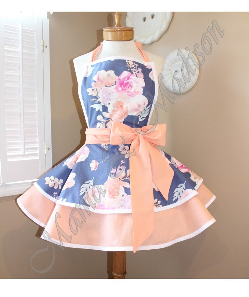 Mommy Me Matching Retro Apron Set in Beautiful Steel Grey Blue Floral Accented Pretty Peach...Custom Order Your Sizes