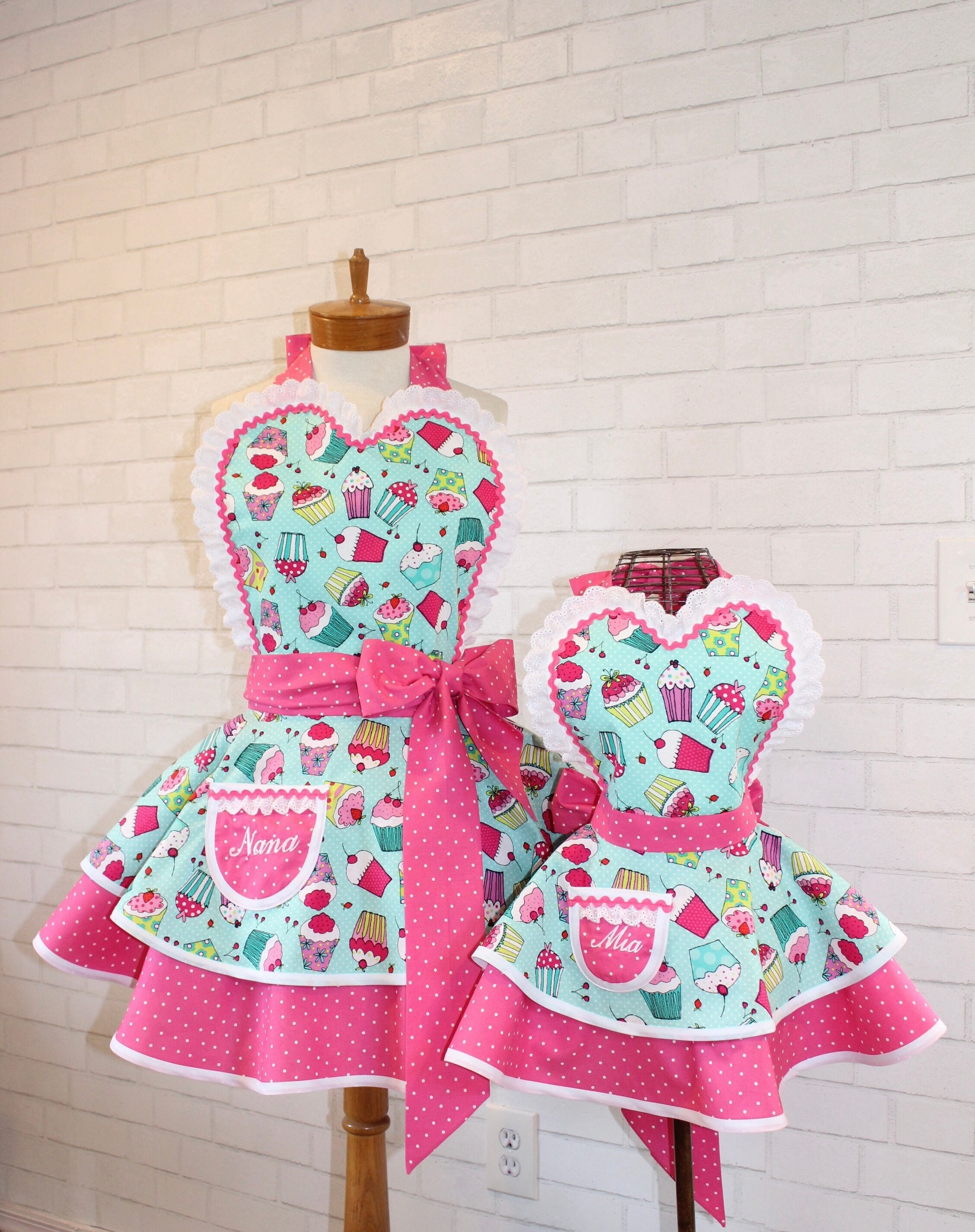 Mother Daughter Matching Pink & Polka Dot Cupcake Apron Set