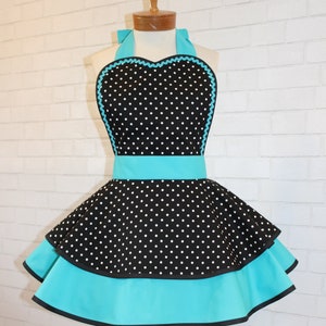 Pin Up Polka Dot Print Woman's Modern Vintage Apron Featuring Heart Shaped Bib, Now Available In Petite And Plus Sizes image 4