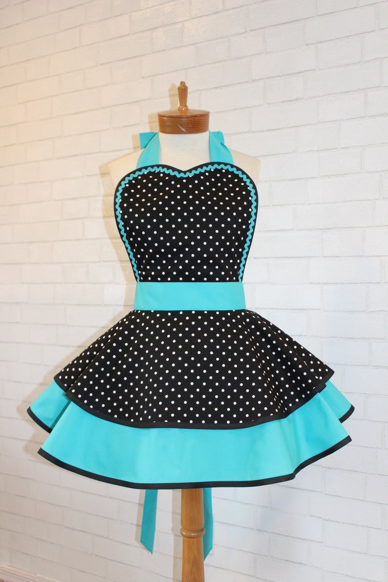 Pin Up Polka Dot Print Woman's Modern Vintage Apron Featuring Heart Shaped Bib, Now Available In Petite And Plus Sizes image 4