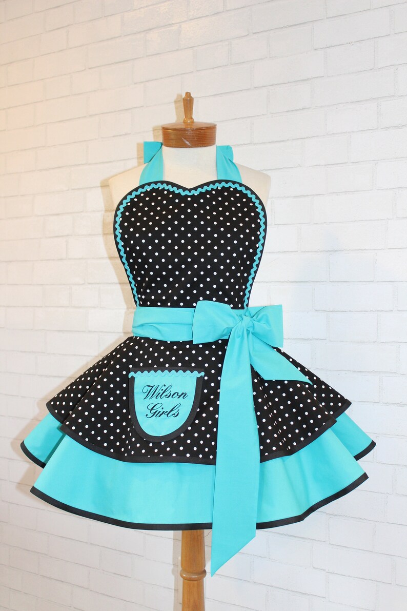 Pin Up Polka Dot Print Woman's Modern Vintage Apron Featuring Heart Shaped Bib, Now Available In Petite And Plus Sizes image 6