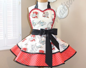 Baking Print Woman's Retro Apron Accented With Red + White Polka Dots Featuring Heart Shaped Bib...Ready To Ship
