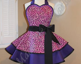 Cheetah Print Woman's Retro Apron Accented In Deep Purple Kona Cotton; Featuring Heart Shaped Bib...Plus Sizes Available