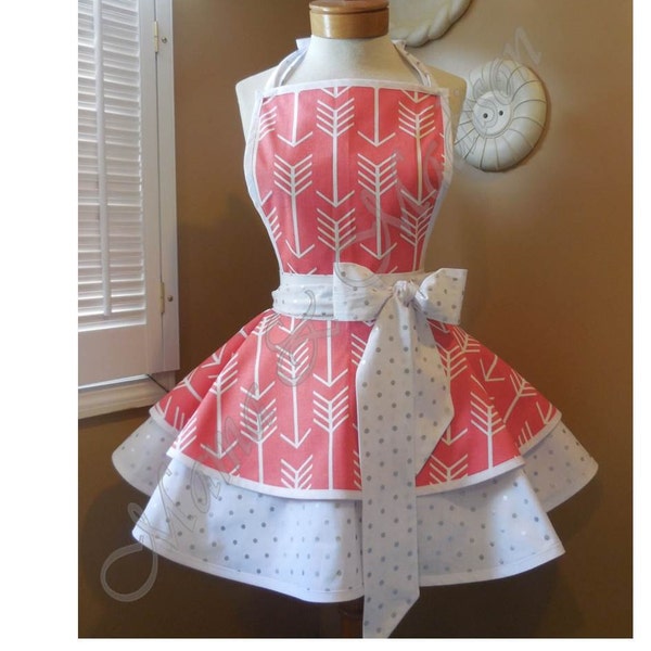 Arrow Print In Coral Accented with Silver & White Polka Dots Woman's Retro Apron With Tiered Skirt And Bib