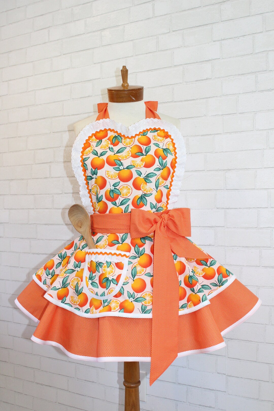 Retro Orange Print Apron: Polka Dot Accents, Sweetheart Bib - Etsy