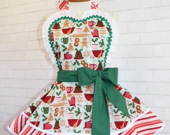 Christmas Cookies Woman's Retro Apron Featuring Lace Trimmed Heart Bib//Custom Order Your Size//Makes A Great Gift