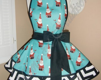 Cute Santa Print Woman's Retro Apron, Accented With Black & White Polka Chevron Print