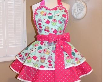 Cupcake Print Woman's Retro Apron, Featuring Heart Shaped Bib...Plus Size Available