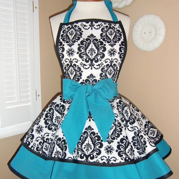 Damask Print Accented with Aqua Womans Retro Apron With Tiered Skirt And Bib