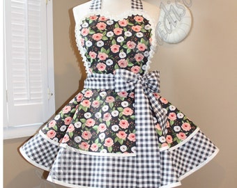 Black Floral + Gingham Print Woman's Retro Apron With Tiered Skirt And Bib...Plus Size Available