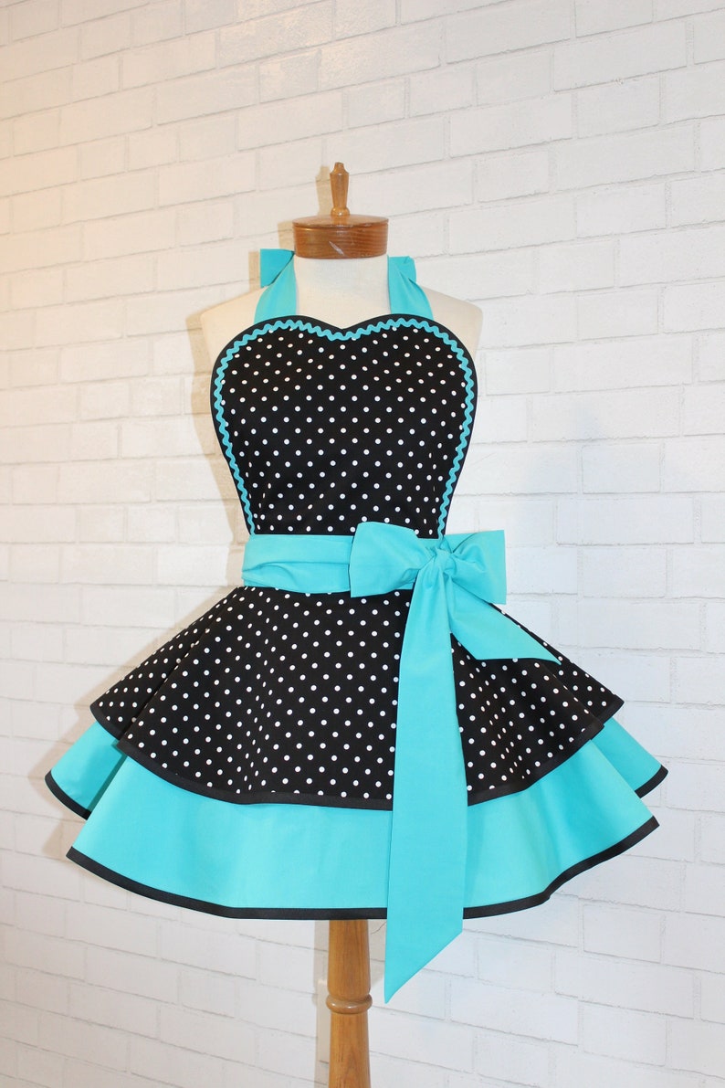 Pin Up Polka Dot Print Woman's Modern Vintage Apron Featuring Heart Shaped Bib, Now Available In Petite And Plus Sizes image 1