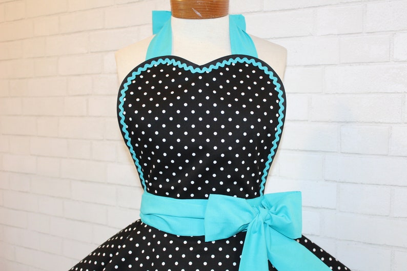 Pin Up Polka Dot Print Woman's Modern Vintage Apron Featuring Heart Shaped Bib, Now Available In Petite And Plus Sizes image 5