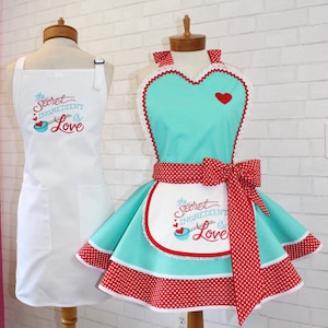 1950's Vintage Inspired Baking Apron, Featuring Custom Embroidered Mini Apron + Sweetheart Bib