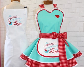 1950's Vintage Inspired Baking Apron, Featuring Custom Embroidered Mini Apron + Sweetheart Bib