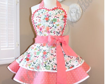 Floral Print Woman's Retro Apron Accented With Coral + White Polka Dots Featuring Heart Shaped Bib...Ready To Ship