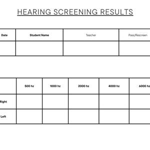 May include: A black and white hearing screening results form with two tables. The top table includes columns for Date, Student Name, Teacher, and Pass/Rescreen. The bottom table tracks Right and Left ear results at 500, 1000, 2000, 4000, and 6000 hz.