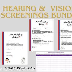 Könnte beinhalten: Ein digitales Set für Hör- und Sehtests mit mehreren druckbaren Formularen mit der Überschrift From the Desk of the Nurse, einem Tracking-Blatt und einem Schild mit der Aufschrift Hearing Screening In Progress Please Be Quiet, inklusive Illustrationen.