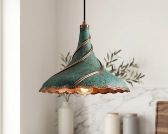 Hand-Hammered Copper Dome Pendant Light, Green Patina Chandelier, Moroccan Rustic Lighting