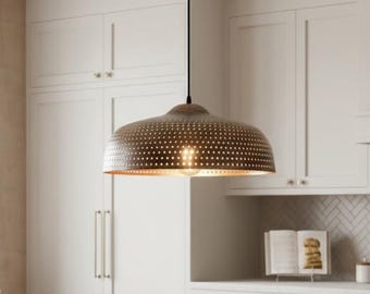 Hammered Copper Pendant Light – Perforated Kitchen Island Hanging Lamp – Modern Farmhouse Ceiling Fixture