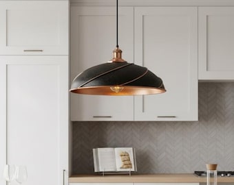 Black Copper Dome Pendant Light – Modern Industrial Farmhouse Kitchen Island Hanging Lamp