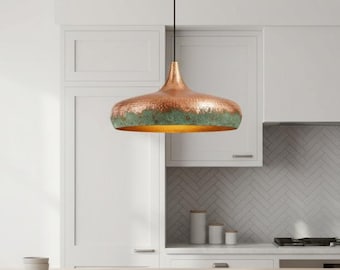 Handmade Copper Pendant Light, Green Patina Kitchen Island Hanging Lamp