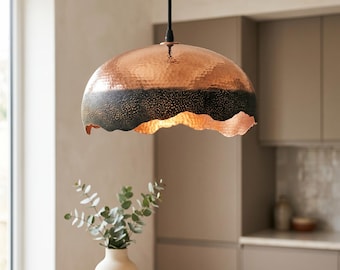 Hand-Shaped Blackened Copper Dome Pendant Light – Moroccan Artisan Farmhouse Kitchen Island Lamp