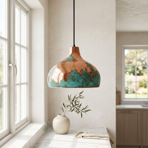 Handmade Copper Pendant Light – Green Patina Rustic Farmhouse Kitchen Island Lamp