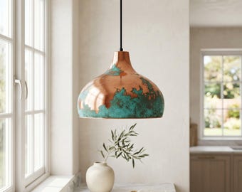 Handmade Copper Pendant Light – Green Patina Rustic Farmhouse Kitchen Island Lamp