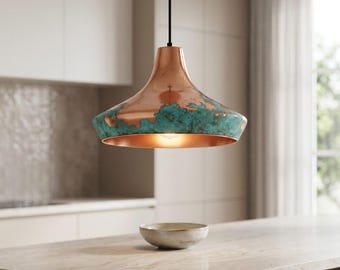 Hand Hammered Copper Dome Pendant Light, Rustic Green Patina, Moroccan Artisan Lighting