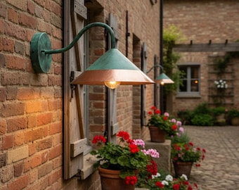 Handmade Copper Outdoor Wall Light, Green Patina Sconce, Rustic Farmhouse Garden Lamp
