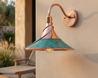 Green Patina Copper Wall Sconce, Handmade Moroccan Cone Lamp, Rustic Spiral Detail