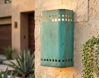 Handmade Copper Outdoor Wall Light, Green Patina Sconce, Moroccan Artisan Exterior Lamp