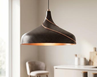 Lámpara colgante de cobre martillado, luminaria moderna marroquí artesanal negra