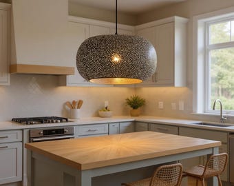 Black Perforated Pendant Light | Modern Minimalist Hanging Lamp, Kitchen Island Fixture