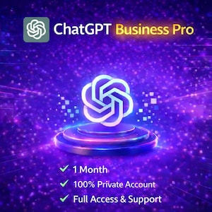 Puede incluir: Un gráfico digital que promociona "ChatGPT Business Pro" sobre un fondo púrpura. La imagen presenta un logotipo estilizado, texto y marcas de verificación que indican las características. El logotipo es un diseño blanco interconectado. El texto incluye "1 mes", "100% Cuenta Privada" y "Acceso completo y soporte".