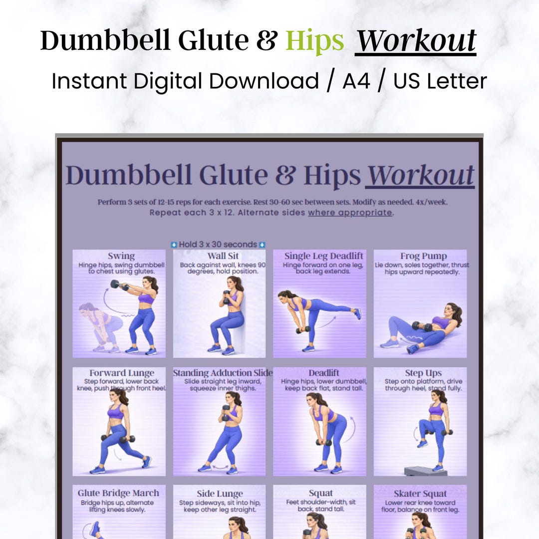 Dumbbell Glute & Hips Workout Poster Printable | 16 Exercise Lower Body ...