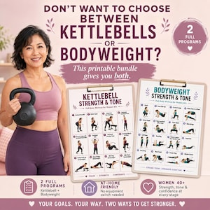 Puede incluir: Imagen que promociona un programa de fitness para mujeres mayores de 40 años. La imagen presenta a una mujer sosteniendo una pesa rusa negra, con dos tablas de ejercicios: "Kettlebell Strength & Tone" y "Bodyweight Strength & Tone". El texto dice: "¿No quieres elegir entre pesas rusas o peso corporal?"