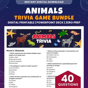 以下が含まれることがあります： 「ANIMALS TRIVIA GAME BUNDLE」というタイトルのデジタルトリビアゲームバンドル。デザインは、シマウマ、カメ、ヘラジカなどの動物のイラストが特徴です。ゲームには40の質問が含まれており、デジタル印刷物とPowerPointデッキとして利用できます。