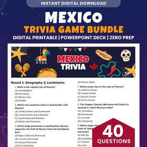メキシコトリビアゲーム｜40問、PowerPointおよび印刷可能なPDF｜質問と回答付きメキシコクイズ（デジタルダウンロード）