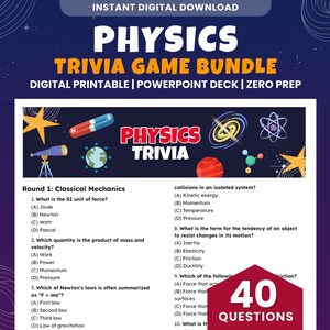 Fysikquiz | 40 frågor, PowerPoint och utskrivbar PDF | Vetenskapsquiz med frågor och svar (digital nedladdning)